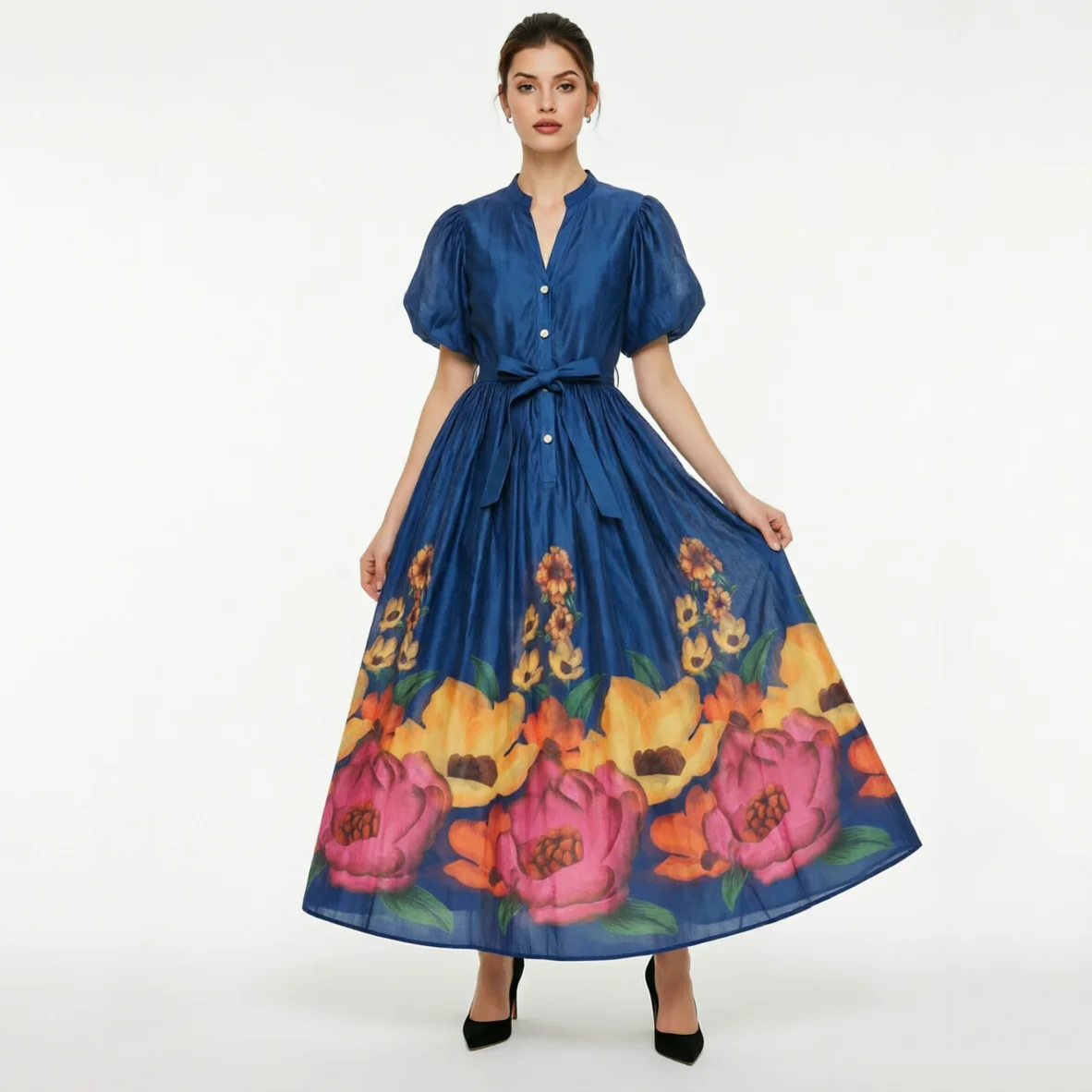

Vintage Yellow Big Floral Print Dress Women Puff Sleeve V-Neck Belted Waist Flowy Midi Dress Elegant Beach Holiday Outfit