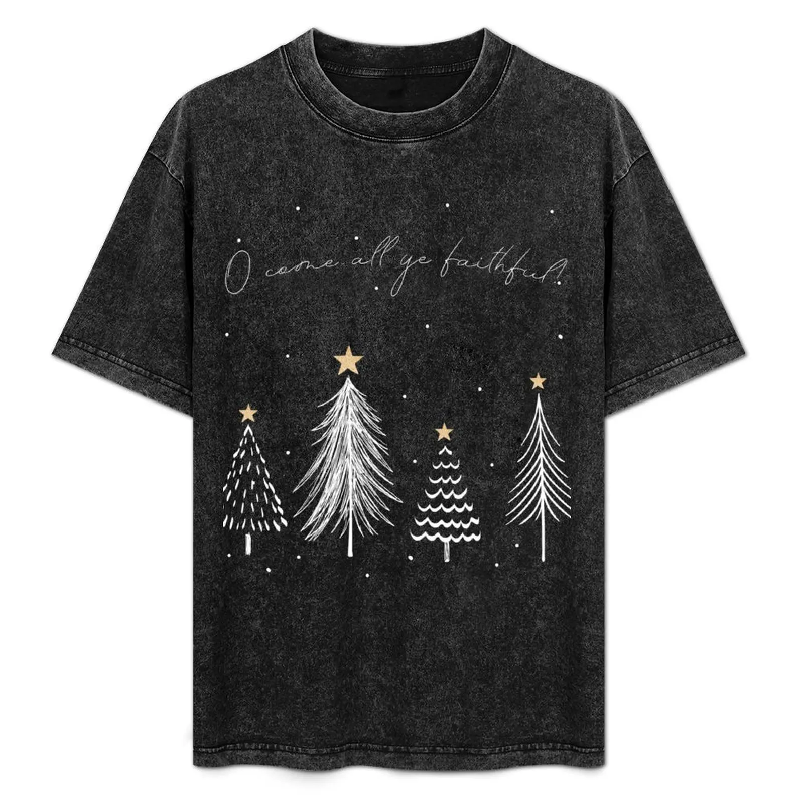 O Come All Ye Faithful - Christmas Trees, Stars Christmas Carol T-Shirt Trendy Print Short Sleeve T-Shirt