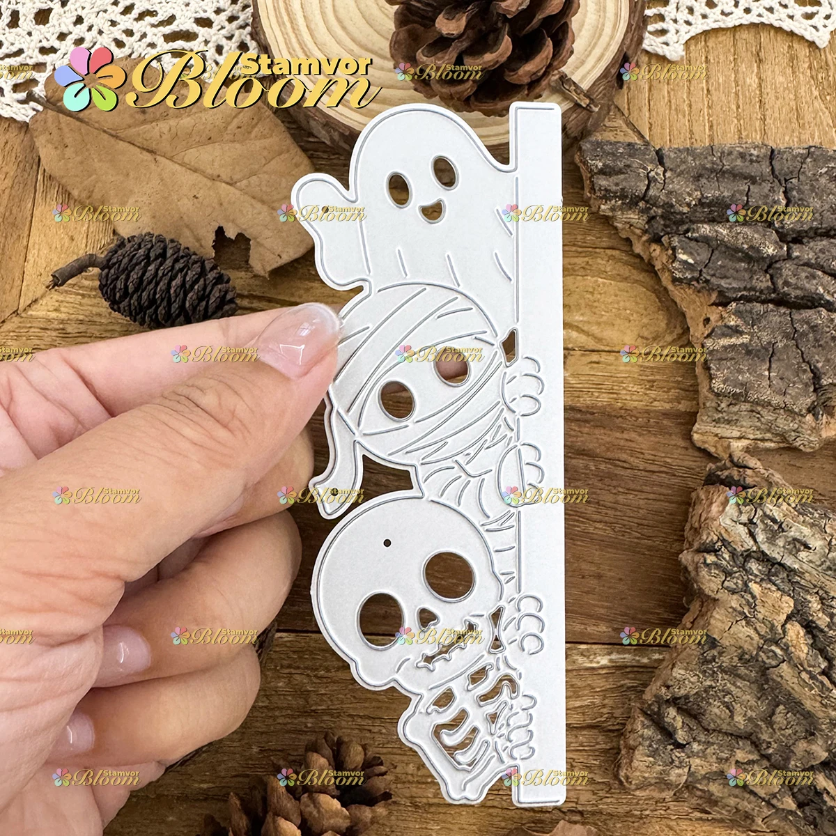 Original Niedliche Halloween-Geister-, Totenkopf- und Mumien-Stanzformen mit halbgeschnittenem Rand für Metallstanzungen, Scrapbooking und dekorative Prägung – Detail 2