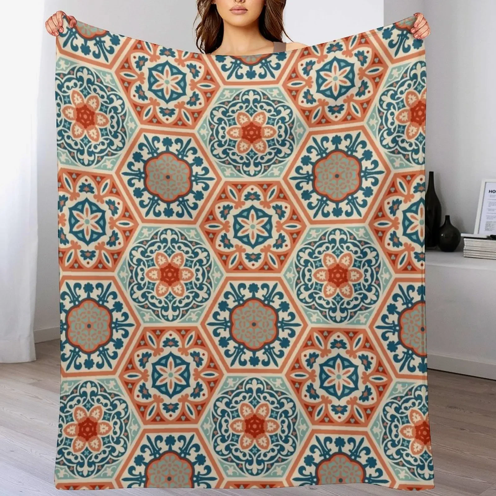 

PATCHWORK tiles 01, terracotta orange and teal blue Throw Blanket Warm Flannel Blanket for Couch Chair Bedroom