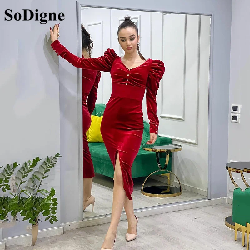 SoDigne-Vestidos de Fiesta Cortos de terciopelo rojo, vestidos de fiesta de manga larga, vestido Formal de sirena de terciopelo con abertura lateral