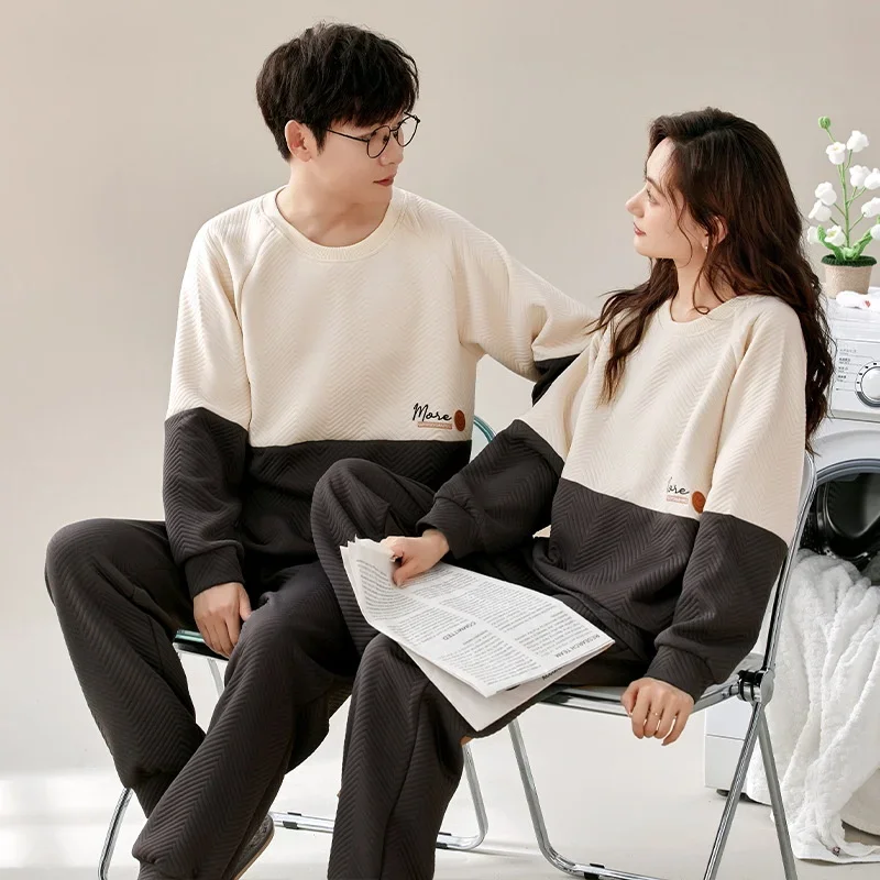 

Winter Couple‘s Pajamas Women‘s Air Cotton Sandwich Warm Long Sleeve Trousers Suit Men's Simple Home Clothes