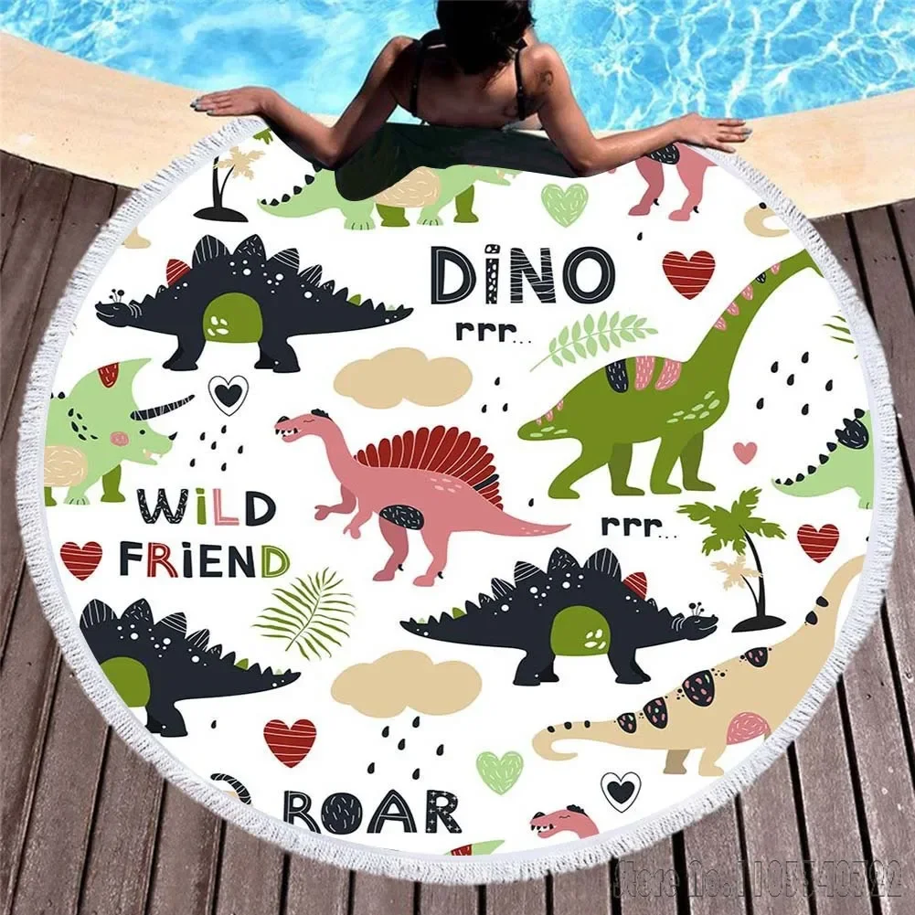 European and American Circular Cartoon Dinosaur Round 150cm Beach Towel Microfiber Kids Swimming Hawaii Bath Towel with Tassel