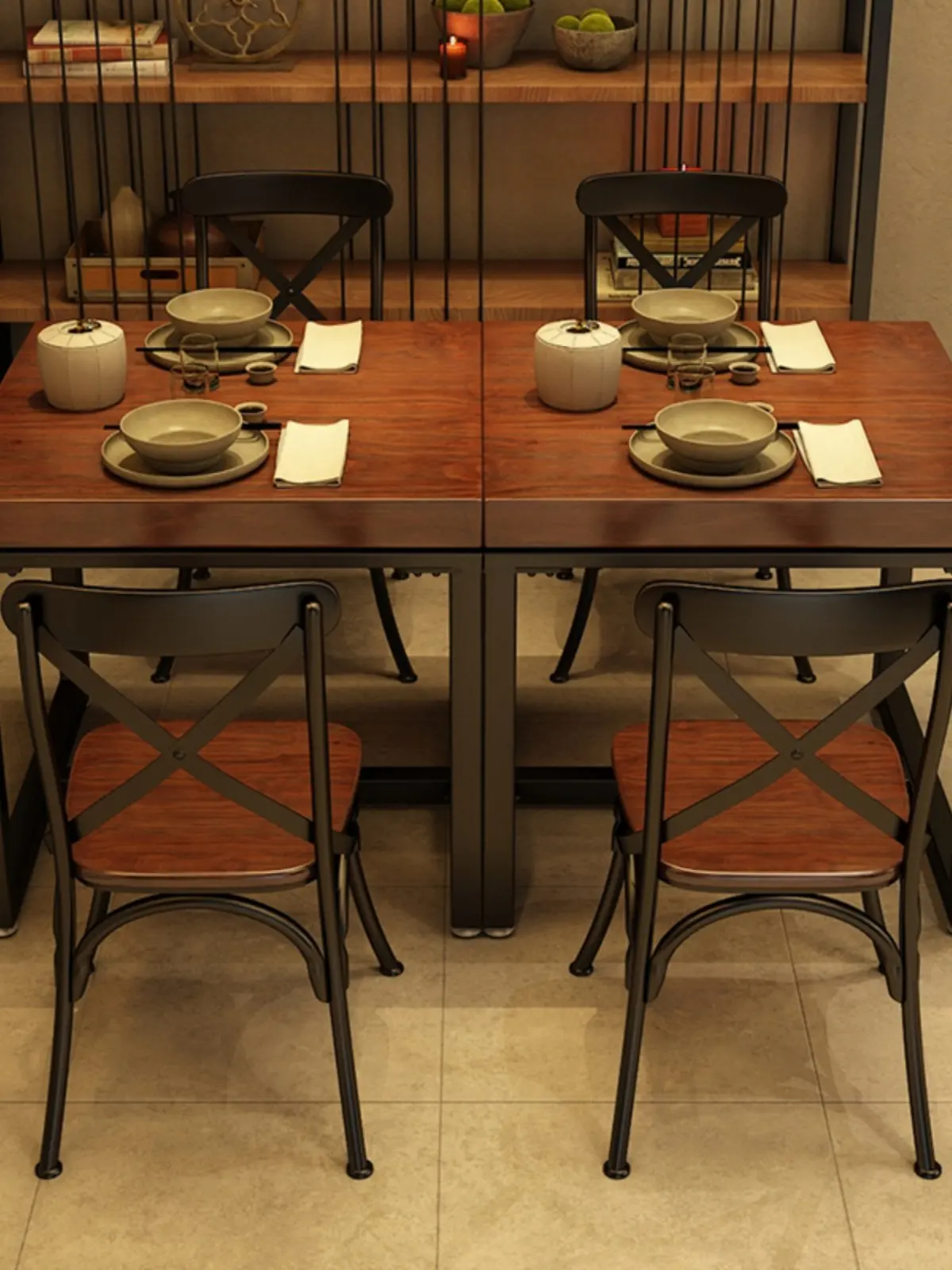 Solid wood cafe snacks desserts milk tea shop dining table and chair combination double square hot pot shop table and chair