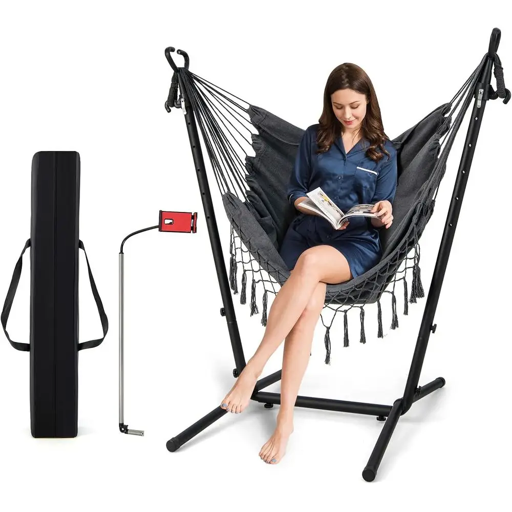 

Portable Hammock Chair Stand, Swing Chair with Adjustable Height, Pillow and Side Pocket, Suitable for Indoor and Outdoor Use