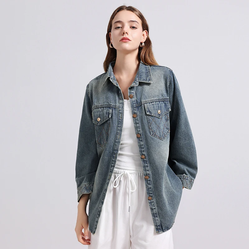 

Denim Shirt Women 2025 Autumn New Arrival Single Buttons Embroidery Women Jean Shirt Blouse Blue Long Denim Shirts Blouses