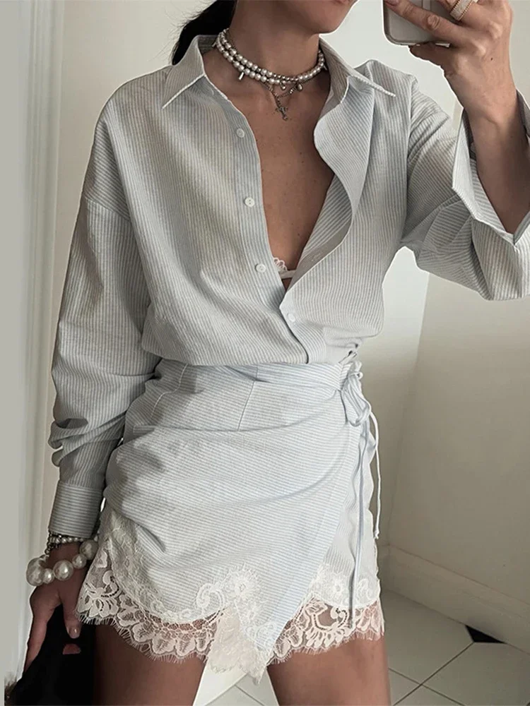 Women Striped 2 Piece Outfit Lapel Long Sleeve Button Shirt Lace Wrap Skirt Set Autumn Casual Street Matching Suit