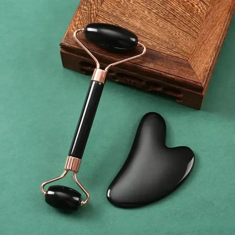 Resina natural jade rolo gua sha raspador conjunto removedor de queixo duplo rolo facial rosa guasha face lift massageador rugas ferramentas