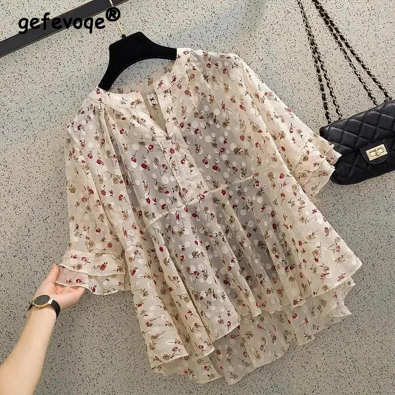 Women\'s Clothing Korean Style Floral Print Irregular Blouse Summer Casual V Neck Short Sleeve Shirt Sweet Chic Loose Tops Blusas