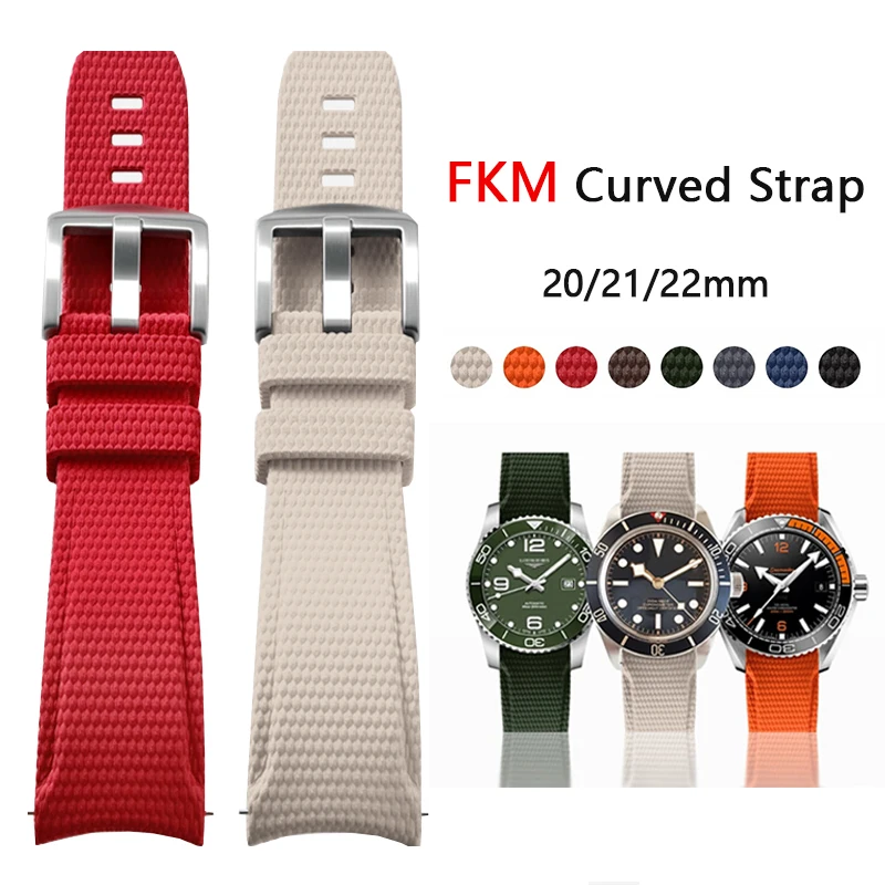 Curved FKM Strap Universal Quick Release Fluoro Rubber Sport Bracelet Watch Band for 20mm 21mm 22mm Longines Omega Casio Seiko image 3