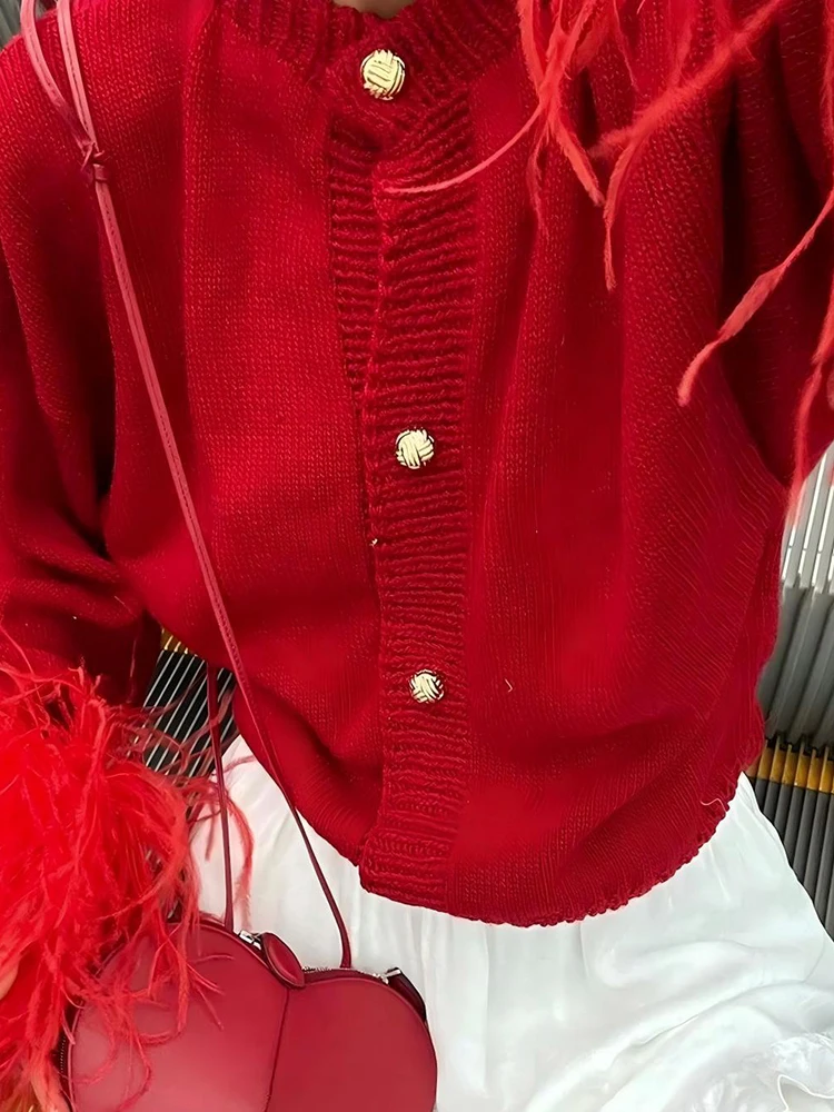 

Модный женский свитер с круглым вырезом и длинными рукавами, повседневный однобортный однотонный осенний свитер, лоскутный вязаный кардиган с перьями