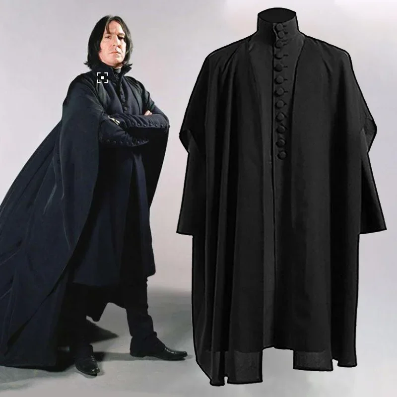 Disfraz de profesor Severus Snape, disfraz de Escuela de Hogwartes, camisas con capa negra, trajes para adultos, bata, varita mágica, uniformes para fiesta de Carnaval