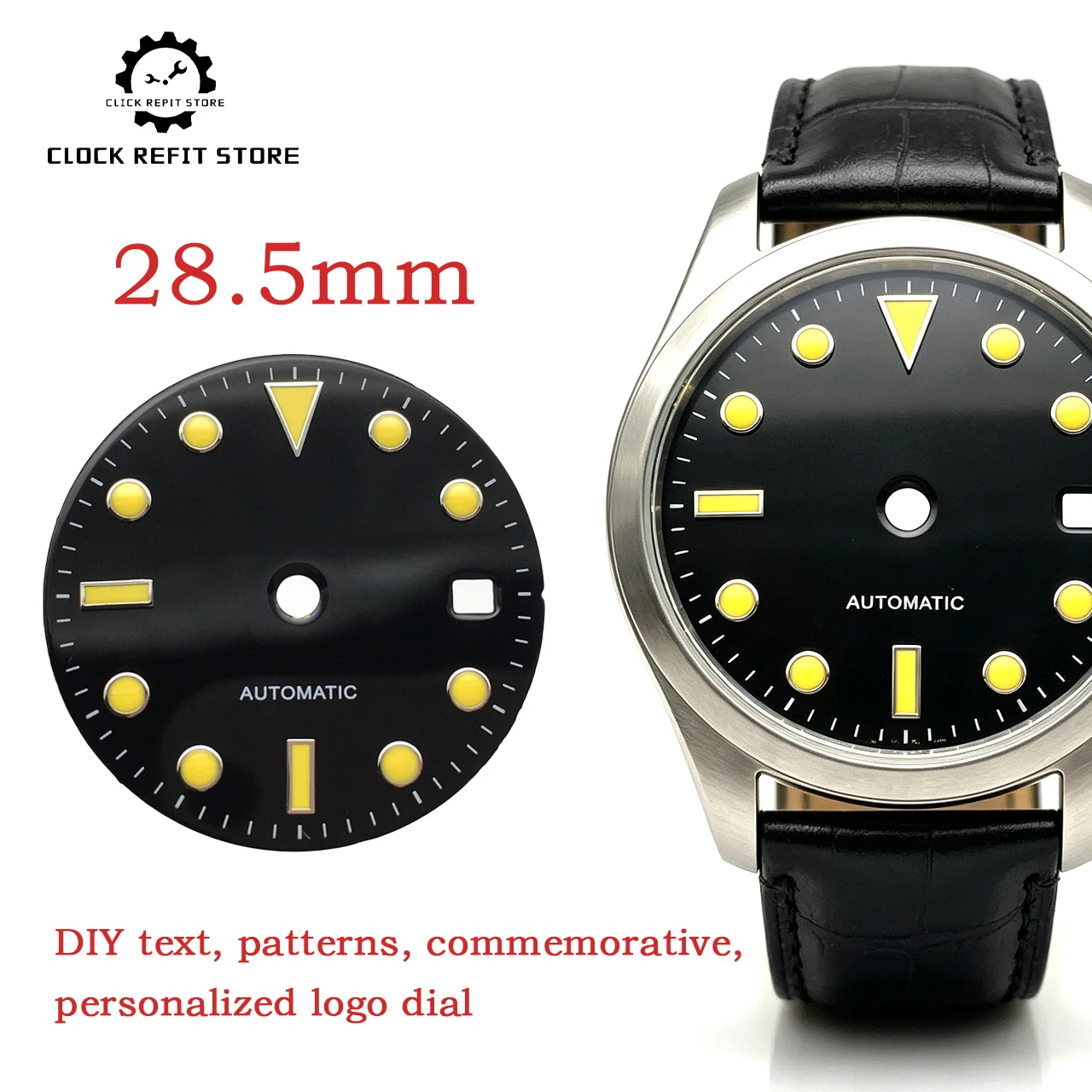 28.5mm Custom Logo Black Luminous Dial, Stainless Steel Fit Miyota 8215 Movement, Hot Sale DIY Mod Watch Parts