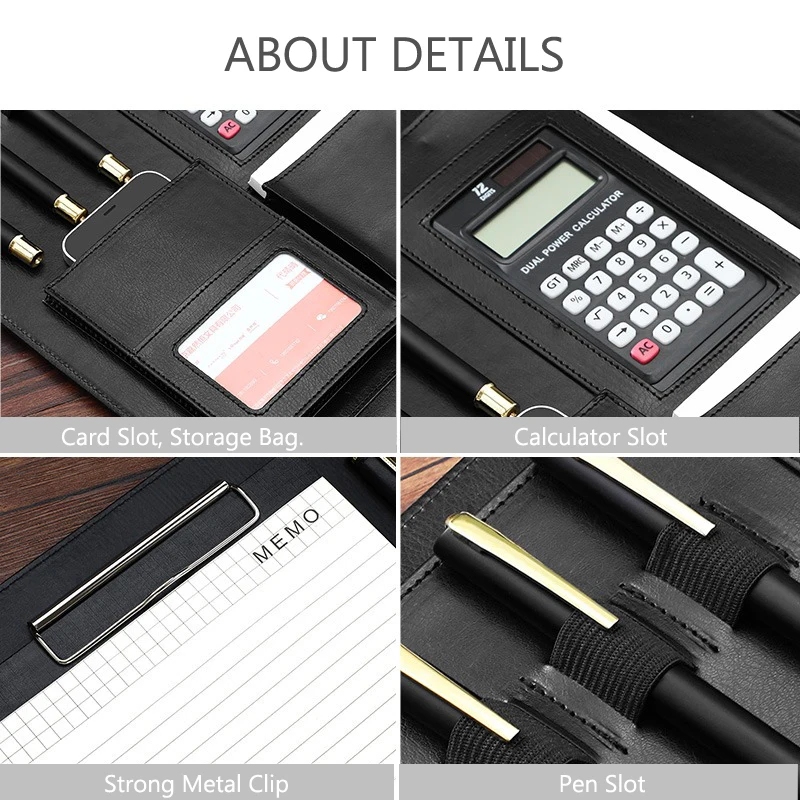 Multifunctional A4 Leather Portfolio Folder Files Organizer for document Man Executive Briefcase Clipboard withCalculator Office