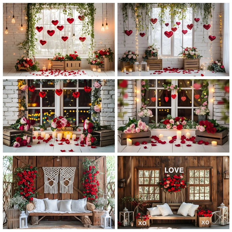 February 14 Valentine's Day Backdrop Photography Window Rose Love Heart Couple Photo Photographic Party Background Photo Studio