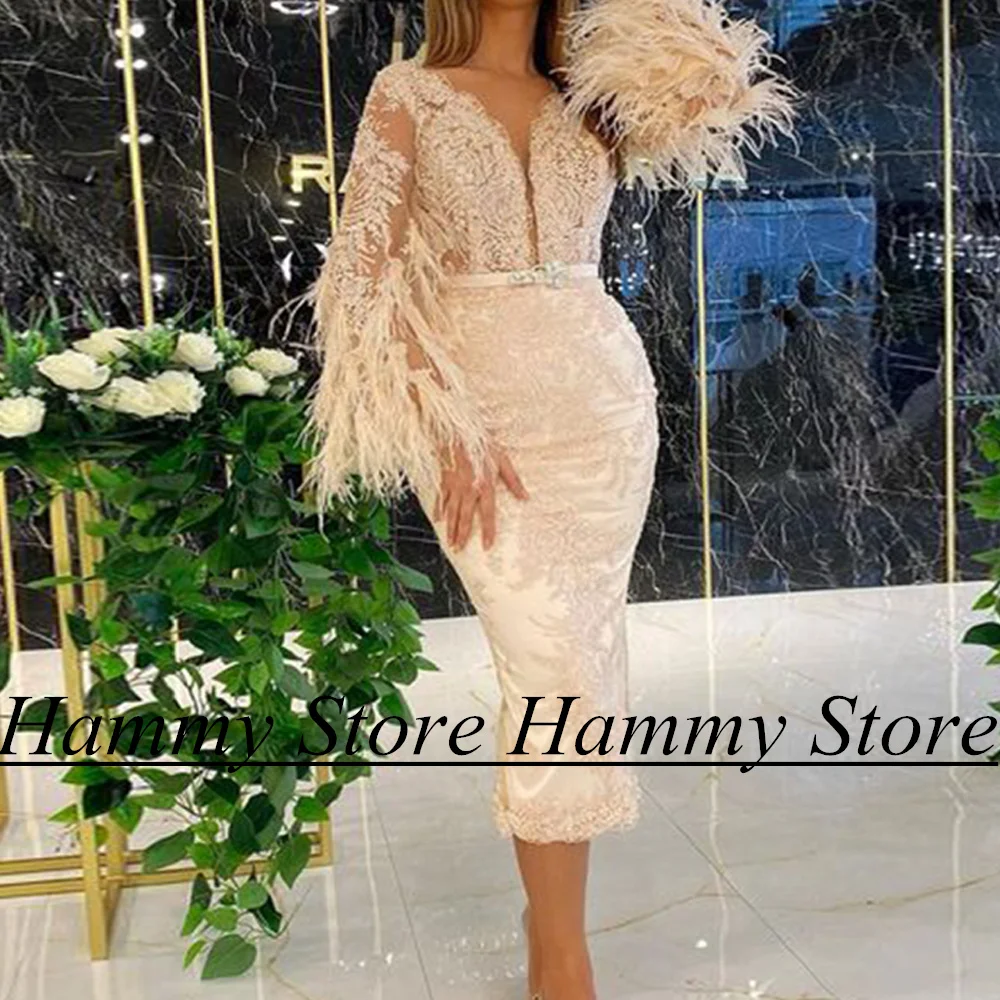 Yipeisha Champagne Lace Evening Dress Customized Batwing Sleeves V Neck Applique Feathers Tea Length Formal Occasion Dresses