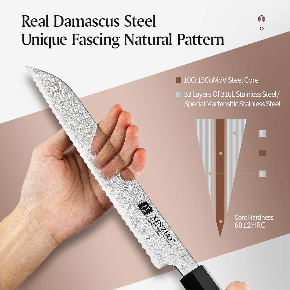 XINZUO 8.7'' inch Bread Knife Forging Damascus Stainless Steel Blade New Design Serrated  Cheese Tools with Olive Wood Handle