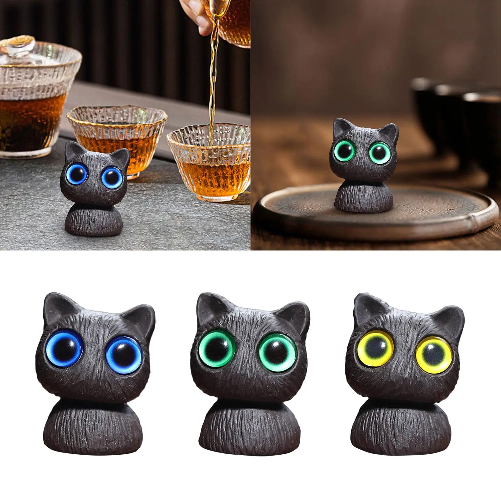 Tea Pet Cute Big Eyes Cat Miniature Cat Statue for Bookshelf Home Tea Room