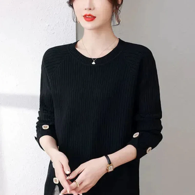 Korean Autumn/Winter Sweaters Women\'s O-Neck Solid Button Split Simplicity Versatile Loose Long Sleeve Pullovers Knitted Tops