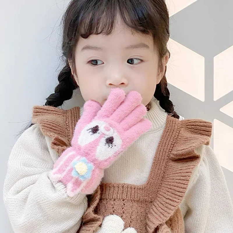 5-12 Years Children Gloves Girl Winter Knitted Cartoon Rabbit Warm Soft Full Finger Gloves Kids Outdoor Lovely Girl Mittens