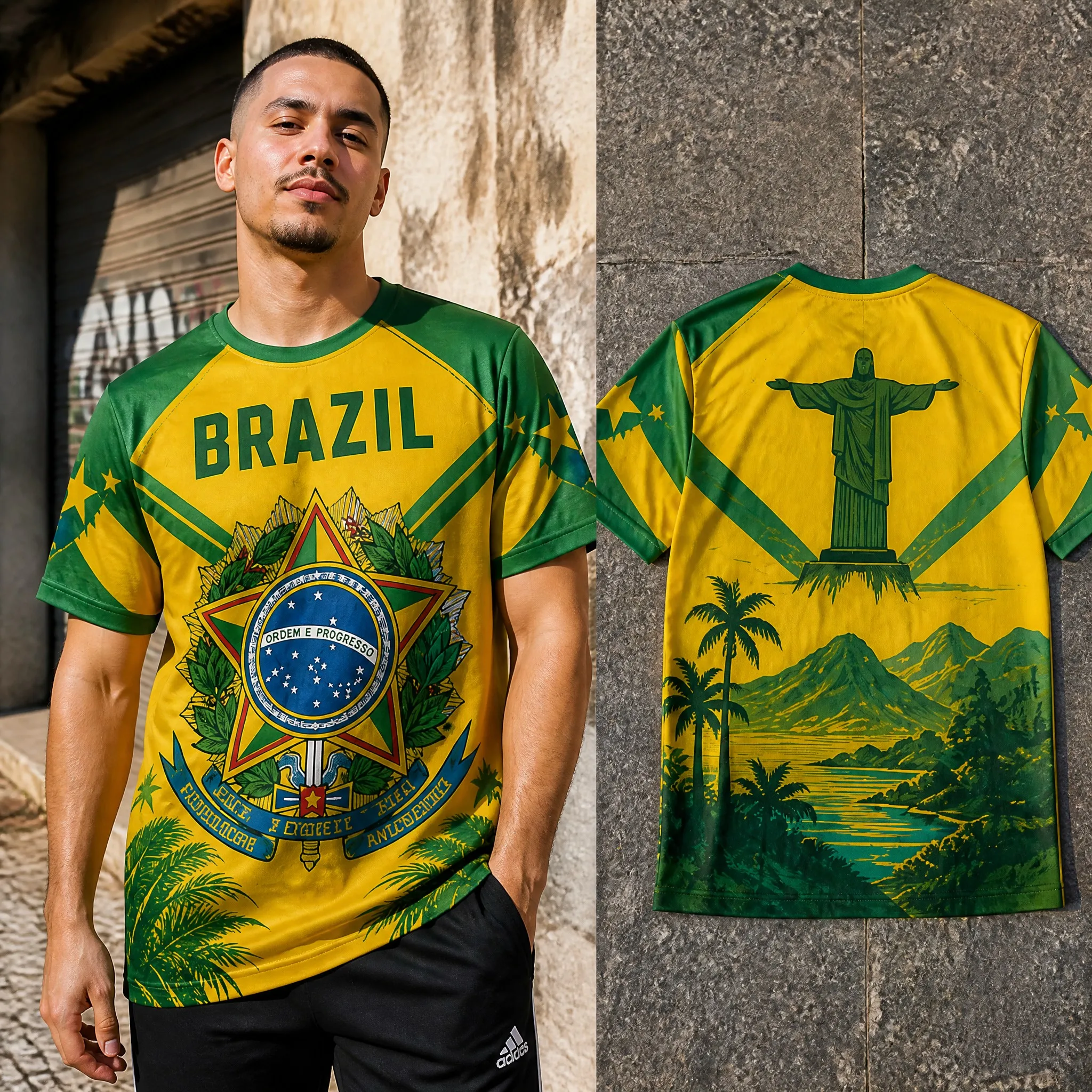 Mens Brazil Crew Neck T Shirt Yellow Emblem Print Short Sleeve Casual Top Scenic Cristo Back Summer Streetwear Tee Vacation Wear