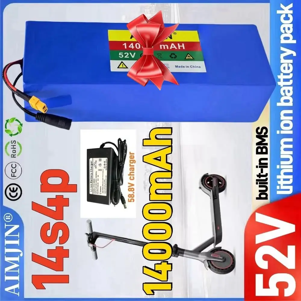 

18650 Lithium Battery Pack High Capacity 52V 14S4P 14000mah 1500W with BMS for Balance Car,Bike Scooter Tricycle + 58.8V Charger