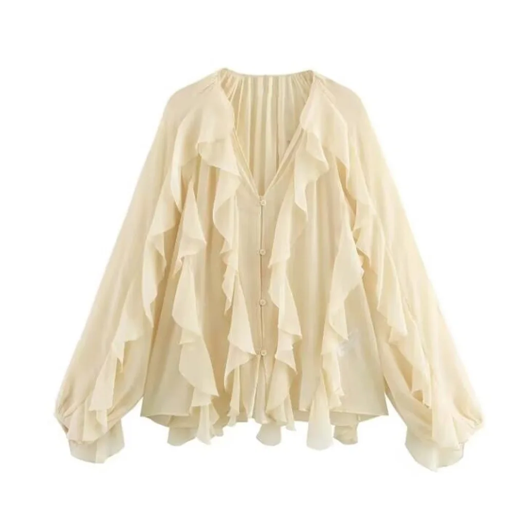 Kawaii Fairy Cream Ruffle V-Neck Chiffon Blouse Women Loose Lantern Long Sleeve Flowy Button Down Elegant Casual Shirt