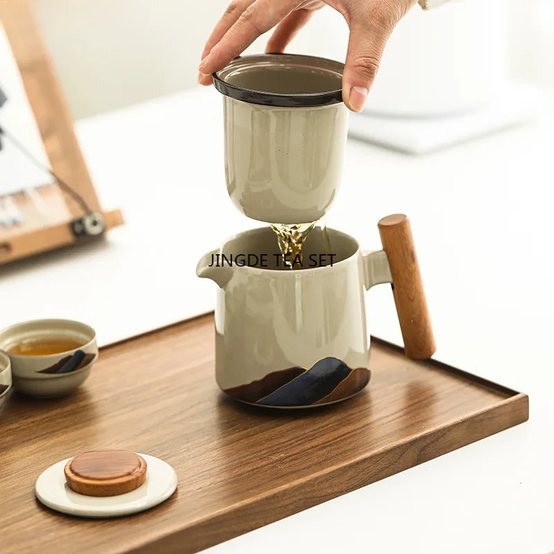 Mountain and River Grass Grey Tea Set 1 Pot 3 Cups Camping Travel Tea Set Portable Handbag Tea Accessories