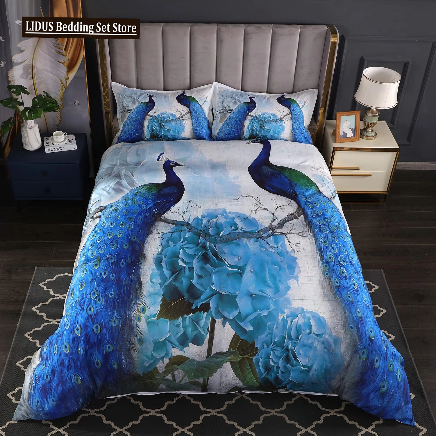 

Peacock Duvet Cover Set King Size Floral Pattern Bedding Set Retro Peacock Feather Floral Theme Comforter Cover Luxury Quilt Set