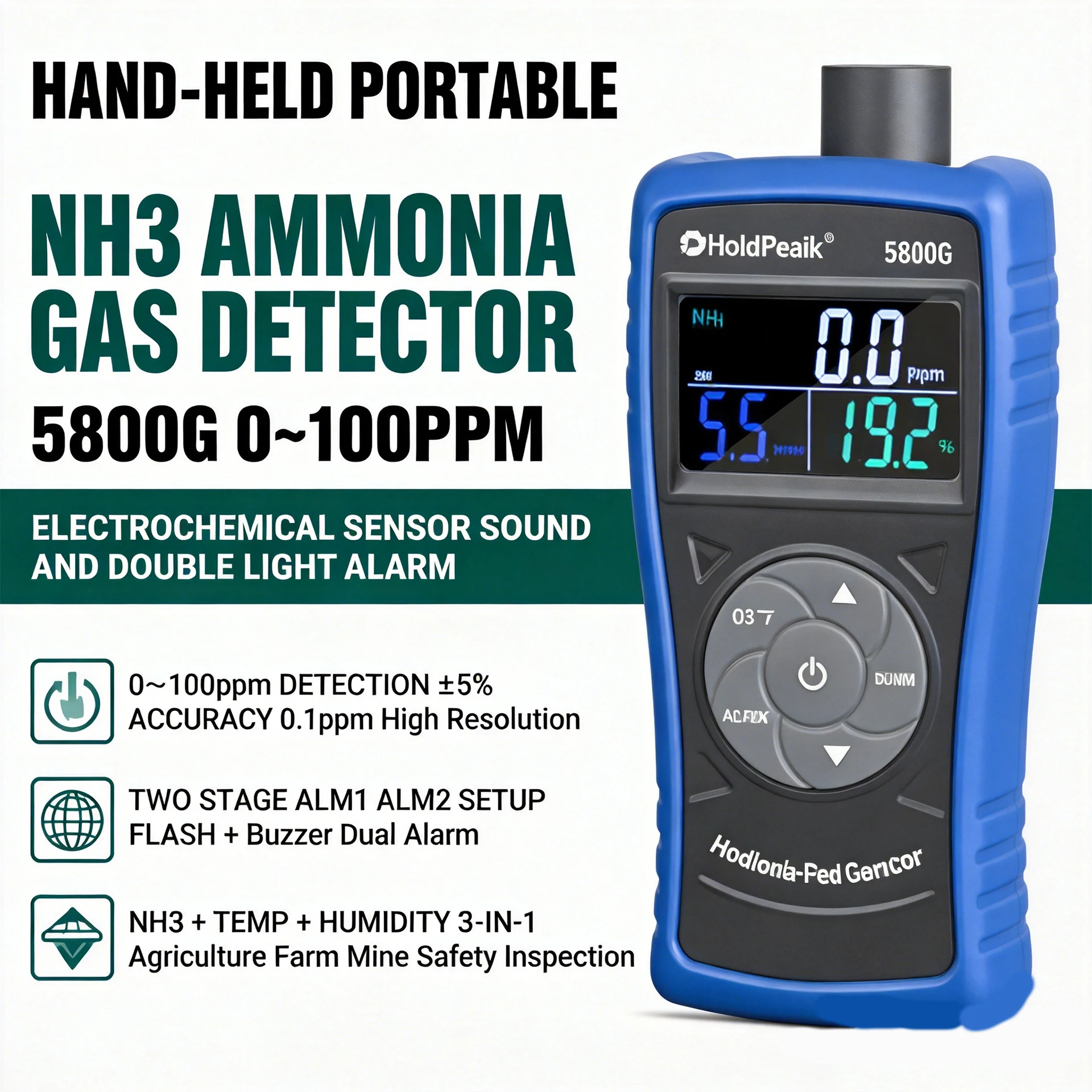 Ammonia Gas Detector NH3 Monitor 0-100ppm Electrochemical Sensor with Dual Alarm Temp Humidity LCD for Farm Chemical Industrial