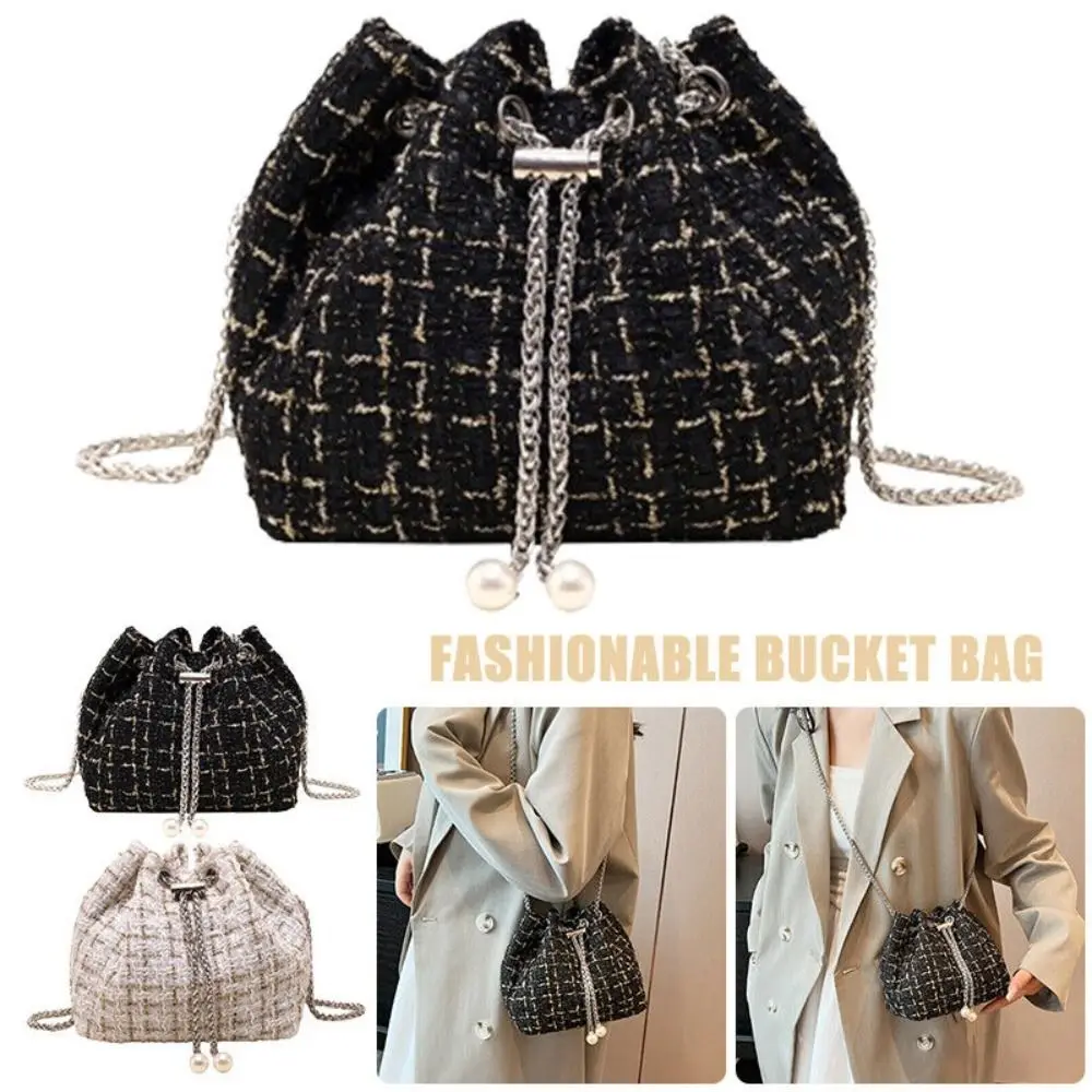 Woolen Plaid Ladies Bucket Bag Fashion Drawstring Black Women Shoulder Bags Detachable Handbag Large Capacity Messenger Bag