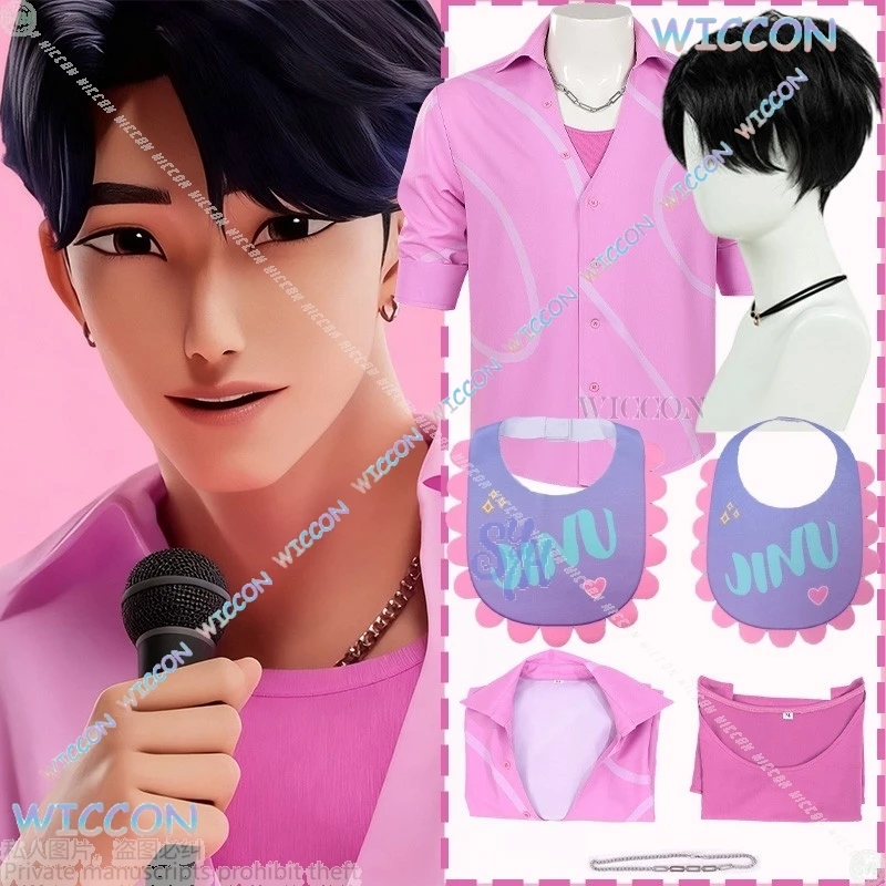 

Youkoo/Аниме Kpop Demon Saja для мальчиков, косплей, костюм Джуни, корейский идол, розовая рубашка с цветочным узором, ожерелье, парики, вечерние парики на Хэллоуин