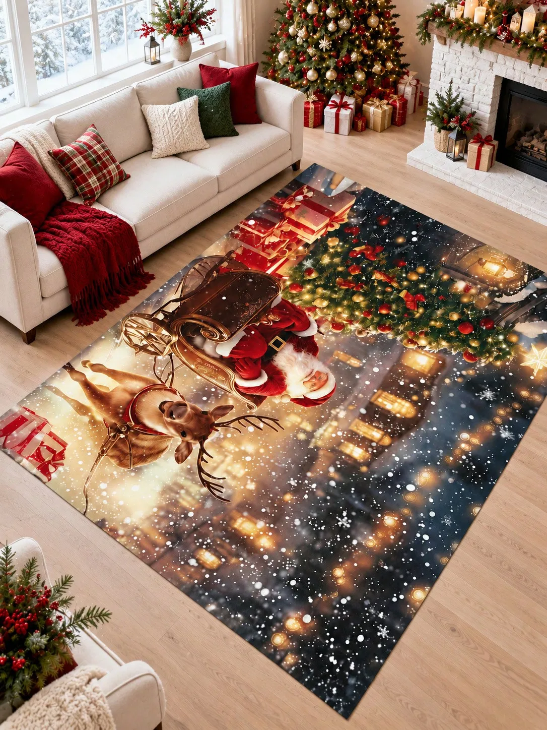 Christmas Rug Santa Sleigh Reindeer Tree Living Room Bedroom Dining Area Entryway Floor Carpet Gift for Couples Family Neighbors Winter Thanksgiving Birthday Anniversary Housewarming Apartment Cabin Farmhouse Home Styling Sofa Side Reading Nook