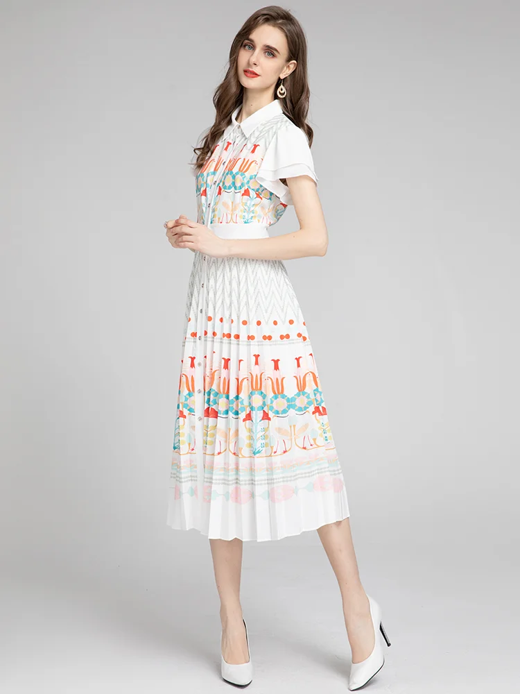 New Fashion Designer Spring Women Turndown Collar Single-Breasted Flowers Print Elegant Pleated Vacation Dress