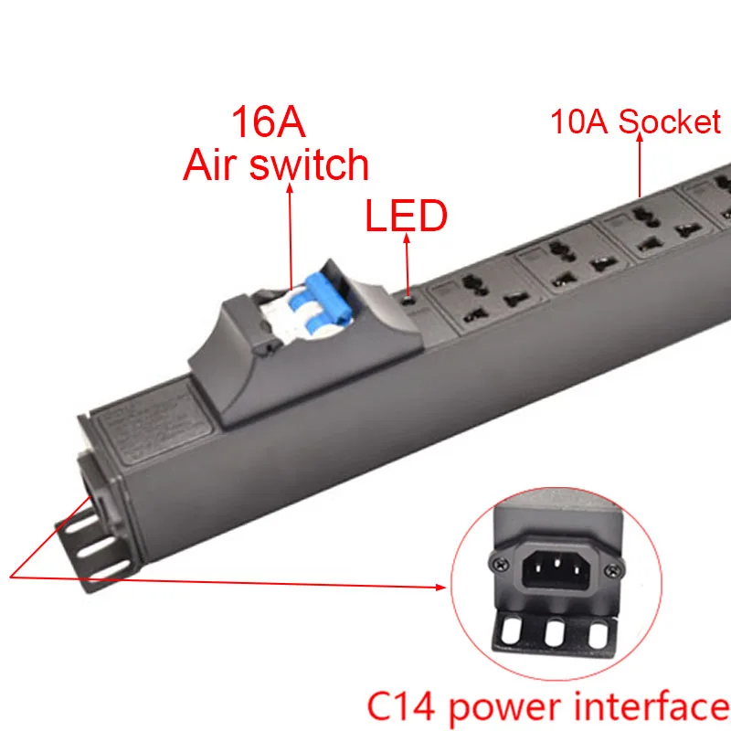 PDU Power Strip C14 interface 16A Circuit breaker Universal Socket Outlets Indicator Light For Cabinet Rack Mount