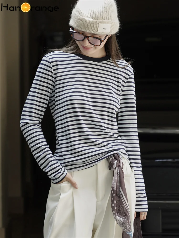 

HanOrange 2025, осень-зима, простая футболка в стиле ретро с круглым вырезом, контрастная полосатая футболка с длинными рукавами, женские повседневные футболки синего/темно-синего цвета