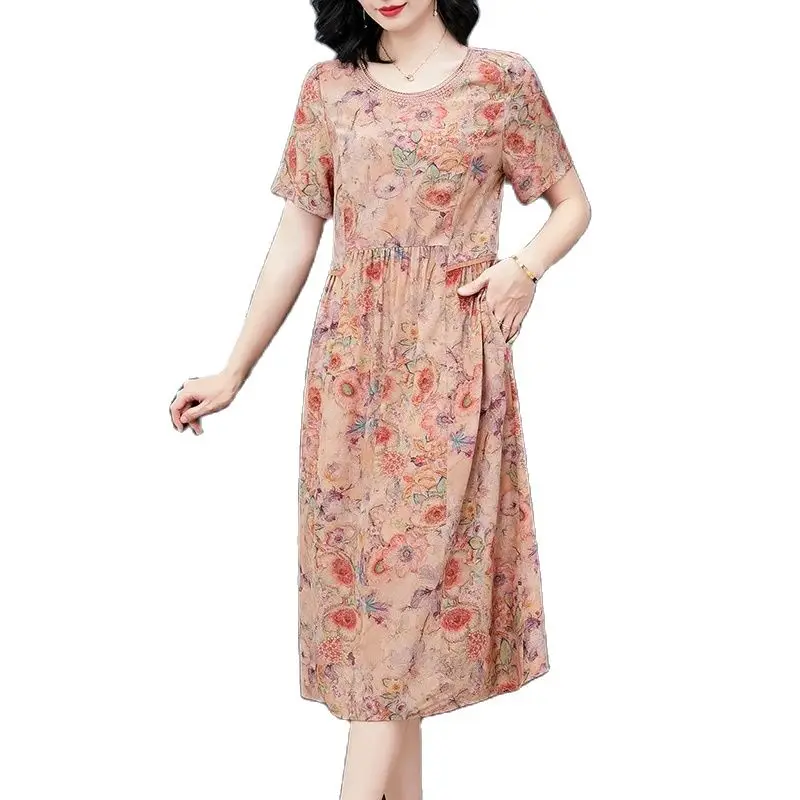 BirdTree, 100%Real Silk Eleagnt Dresses, Women Short Sleeve Printed, Temperament Retro Oversize Mom Dress, 2024 Summer D44826QC