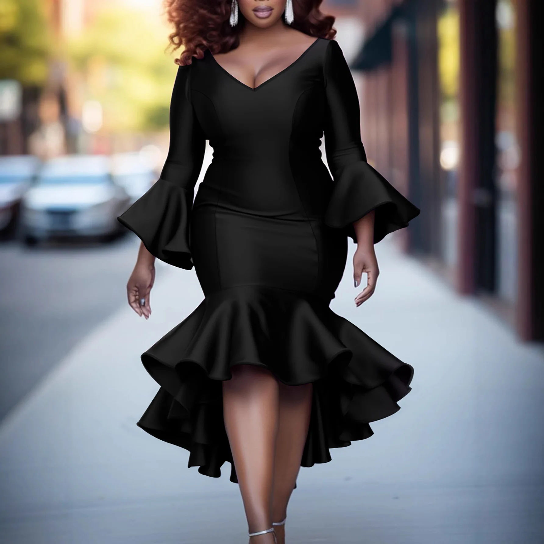 Plus Size Mermaid Dress for Women Sexy V-neck Flare Sleeve Three Quarter Black Slim Solid Elegant Party Evening Dresses 2025