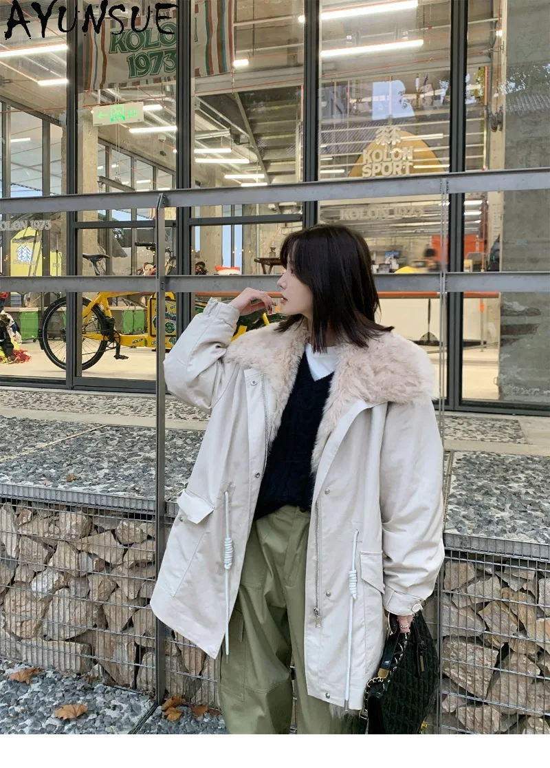 AYUNSUE Women Mid-Length 90 White Goose Down Parka Detachable Coat Toscana Fur Collar Clothing Female Winter Clothes Loose Fit