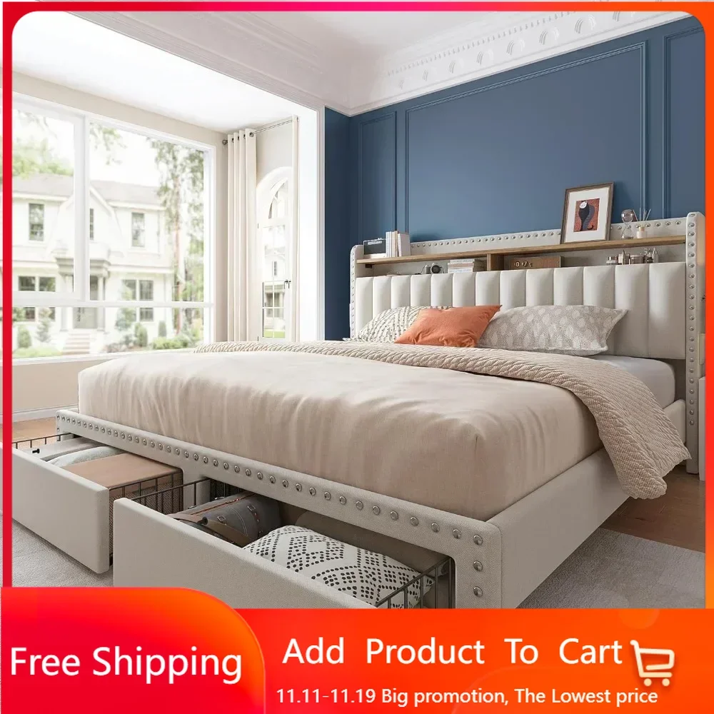 Estructura de cama con cabecero y almacenaje, estructura de cama tapizada con almacenamiento, estructura de cama