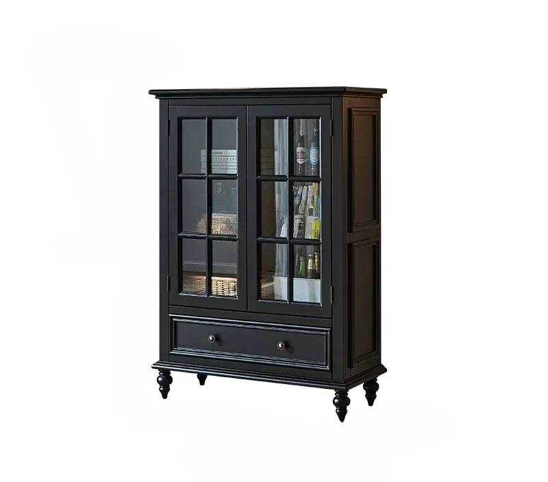 

American Light Luxury Solid Wood Wine Cabinet Black Modern Minimalist Living Room Wall Kitchen Home Storage Locker