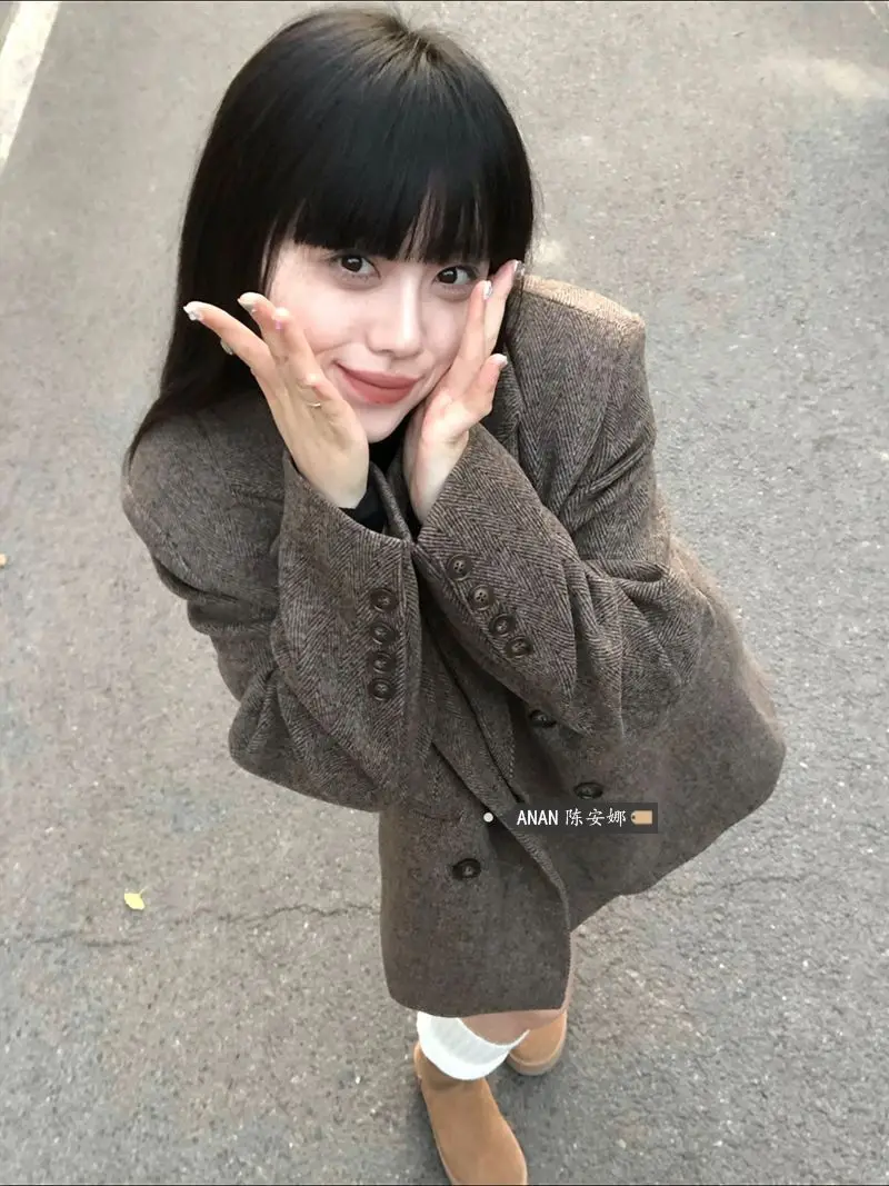 Women Wool Coats Solid Blends Jacket Lapel Button Pocket Single Breasted Loose Y2k Thick Casual Office Lady 2025 Autumn Winter