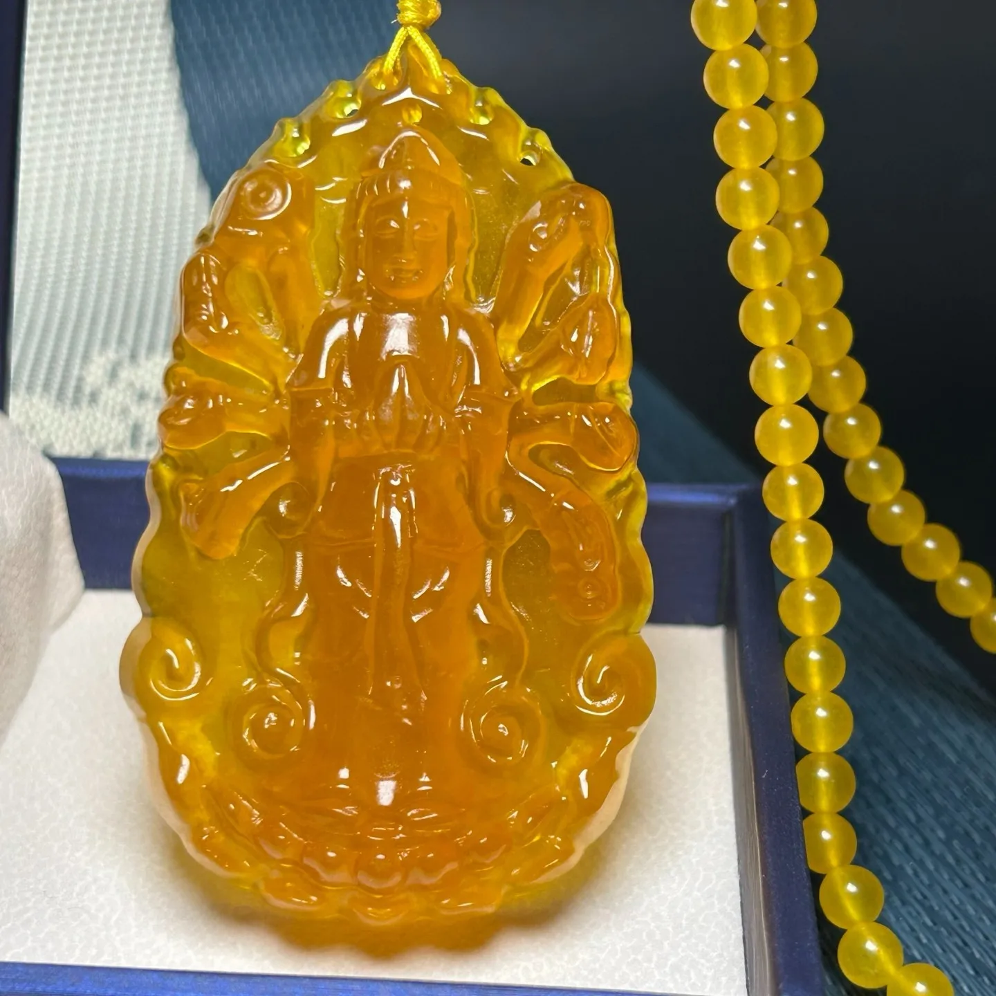 Nature ice yellow Burmese Jade Jadeite Carved Avalokitesvara Pendant&Necklaces