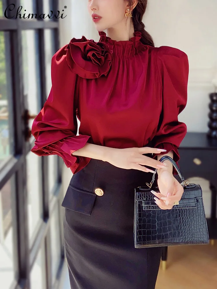 French Fashion Stand-up Collar Burgundy Shirt Top New 2024 Autumn Commuter Slim-fit Temperament Blouse Women Blusas Mujer