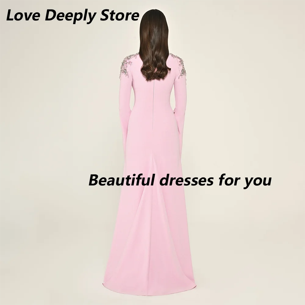 Crystal Beadings O-Neck Evneing Dress Customized Long Sleeves Black Jersey Floor Length Party Gown Saudi Arab Formal Dresses