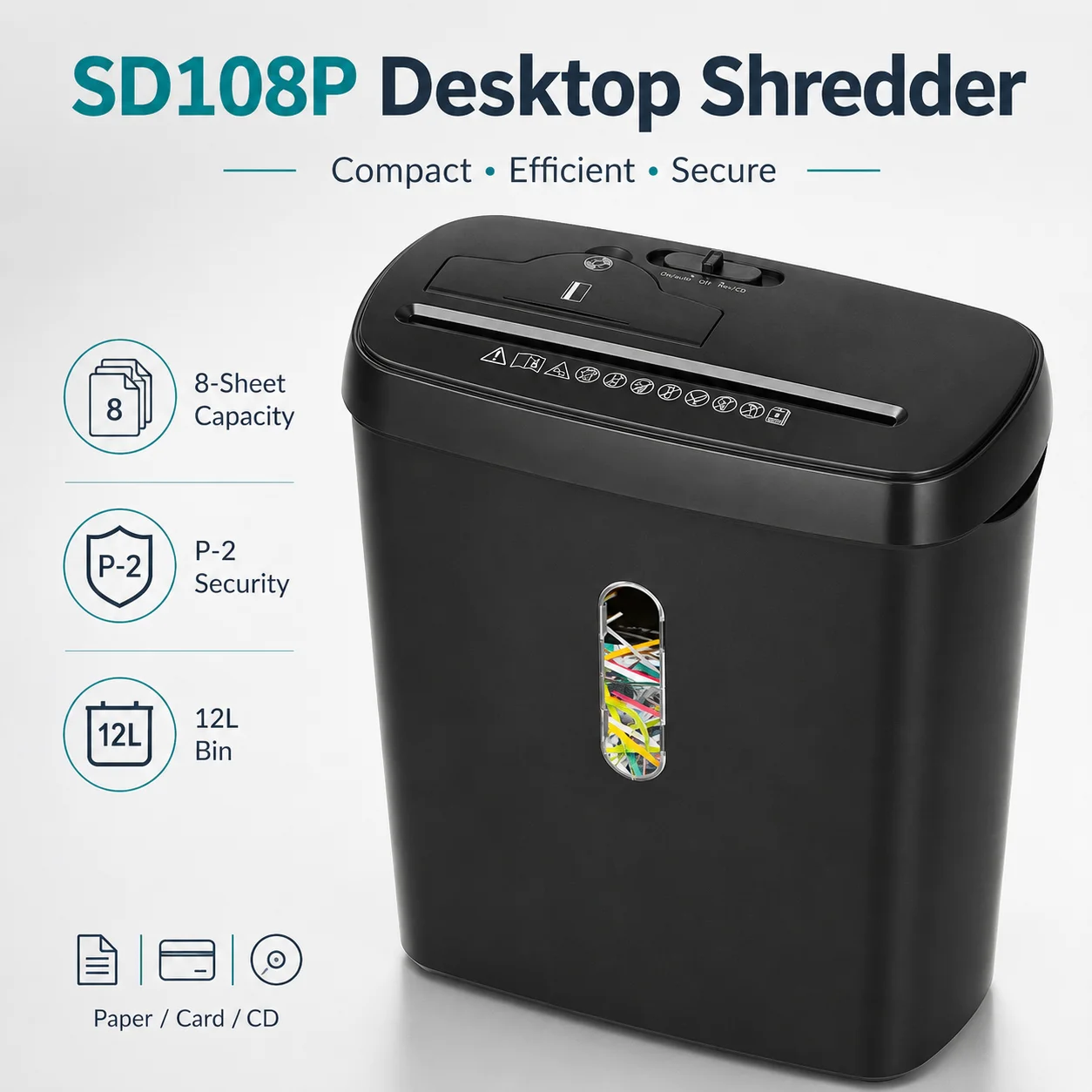 SD108P 8-Sheet Paper Shredder for Home Office, P-2 Strip Cut, Credit Card & CD Shredder, 12L Bin, Auto Reverse