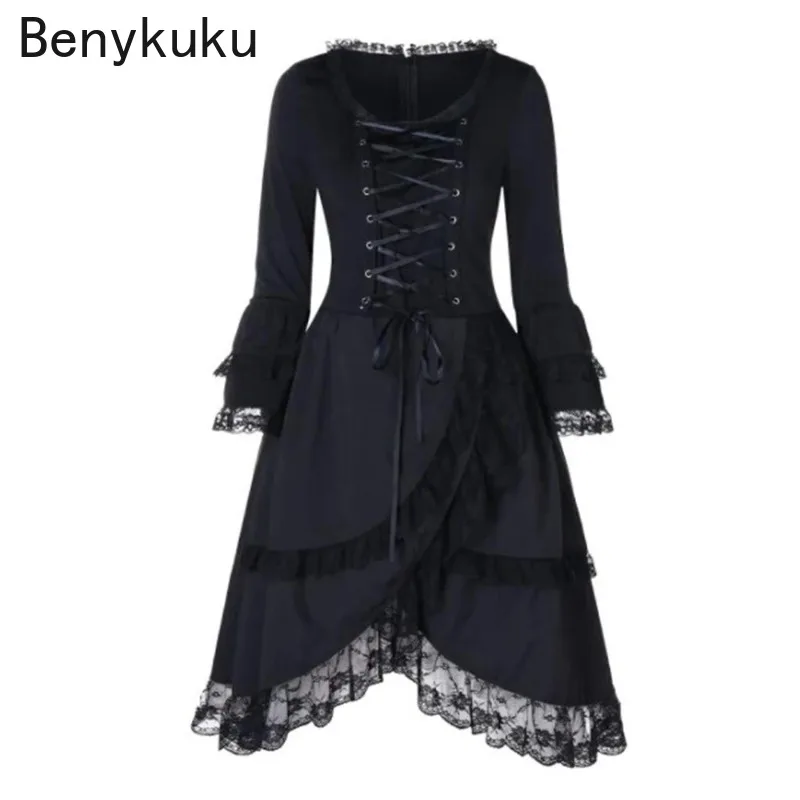Vintage Victorian Lace Up High Low Black Dress Plus Size 5XL Gothic Punk Women Clothes Ruffles Long Sleeve Party Midi Dresses