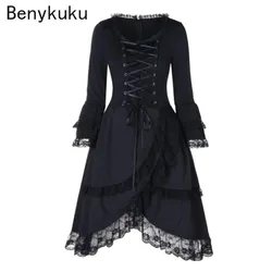 Vintage Victorian Lace Up High Low Black Dress Plus Size 5XL Gothic Punk Women Clothes Ruffles Long Sleeve Party Midi Dresses