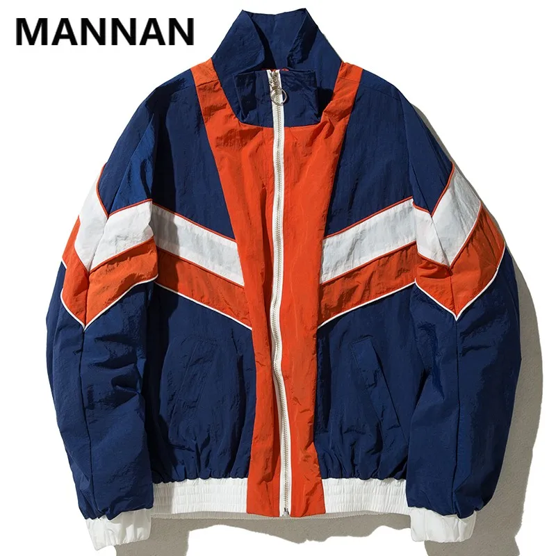 MANNAN-Veste coupe-vent patchwork avec fermeture éclair, streetwear hip hop vintage, chemises de documents multicolores, survêtement décontracté,