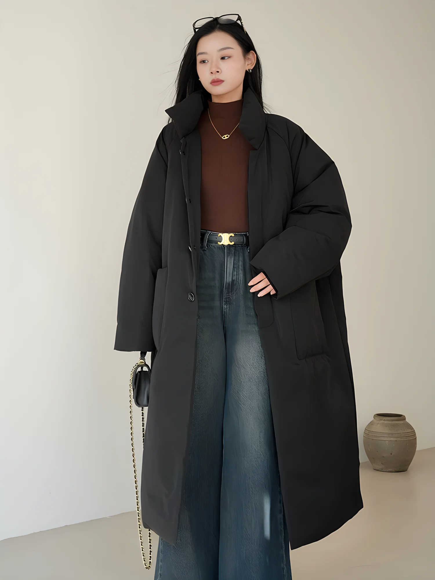 Clearance Long Loose-Fitting Solid Color Cotton Coat in Black and Coffee Color for Autumn and Winter, Thickened down Cotton Jacket for Women, Suitable for Commuting and Casual Wear in Multiple Occasions